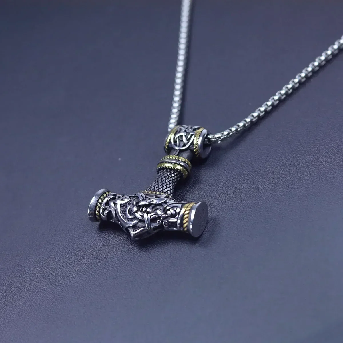 Viking Hammer Talisman Necklace for Men, Vintage Norse Mjolnir Amulet Pendant with Sturdy Wheat Chain, Stainless Steel Jewelry