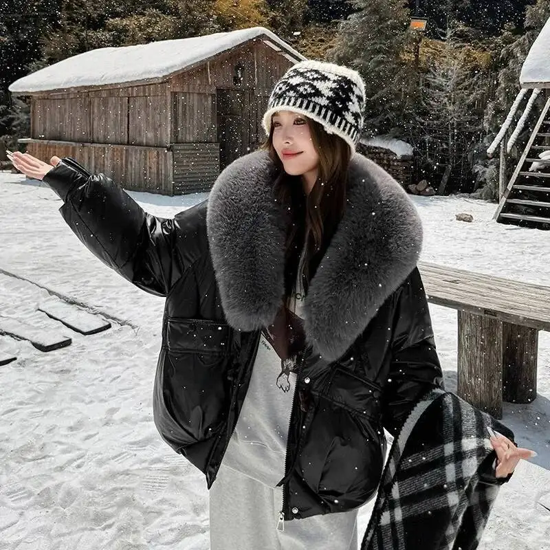 

2025 Winter Women Down Coat Street Imitation Fur Collar Hooded Short Cotton Padded Jacket Female Basic Snow Warm Overcoat