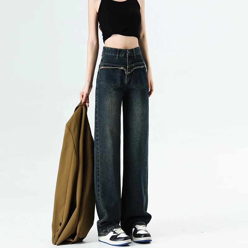 

Casual Straight Denim Pants for Women, Cement Gray, High Waist Full Length Jeans, Cotton Baggy Wide Leg Trousers, American Style