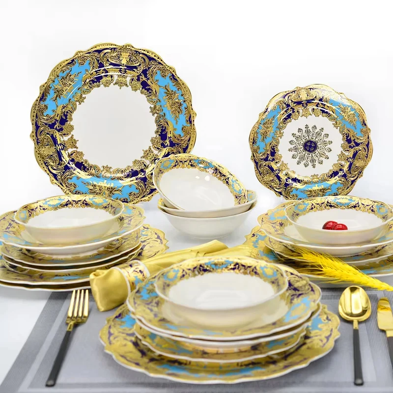 Quick Shipping Colorful Festival Golden China Flower Shape Special 24pcs Top Sale Plates and Bowls Set Dinnerware Sets