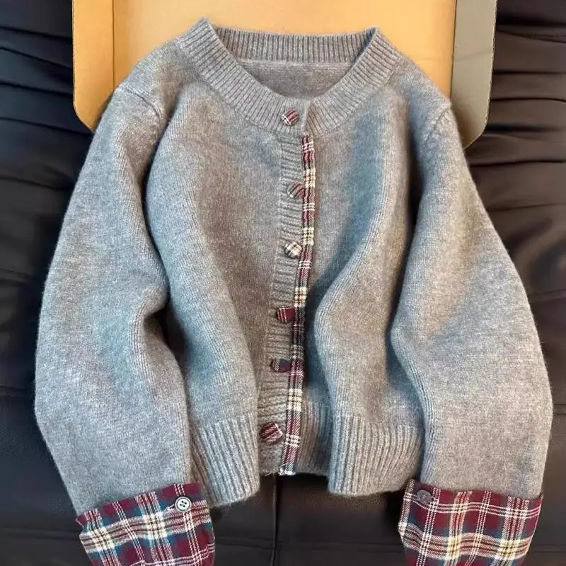 

False Two-Piece Women's Stripe Sweater Knitted Cardigan Round Neck Autumn Winter Female Korean Style Round Neck Splice Grid Tops