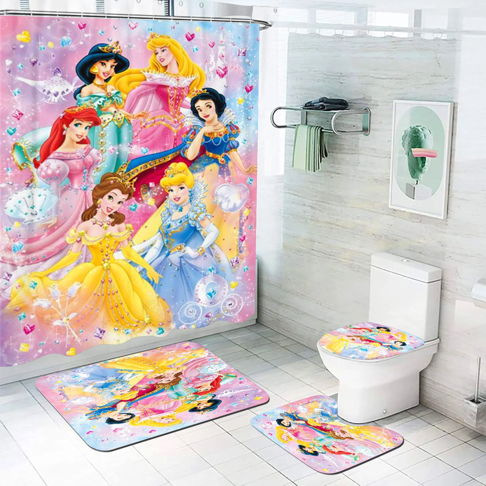 Disney Princess Fairytale Shower Curtain, Bath Mats, Kawaii Bathroom Cartoon, Great Gift for Kids, 100% Polyester, 4 Piece Set