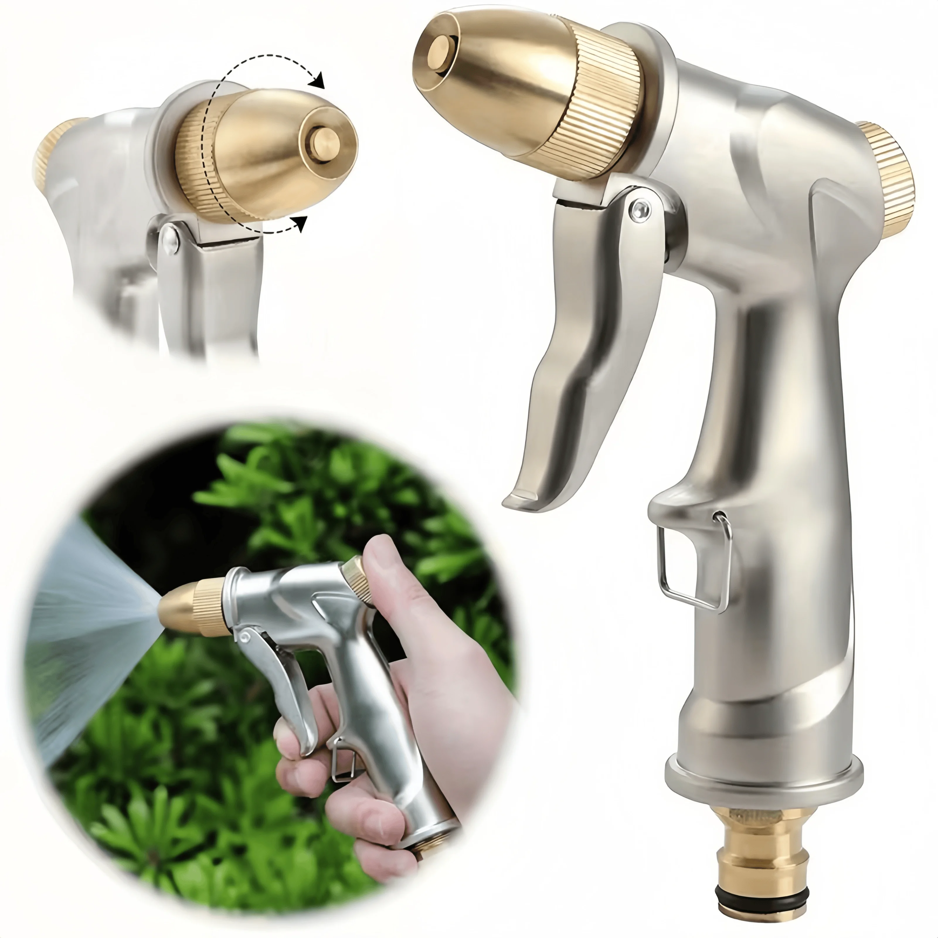 Heavy-Duty Metal Garden Hose Nozzle, 4 Spray Patterns, High-Pressure Gun for Watering, Car Wash, Yard Cleaning, Pet Bathing