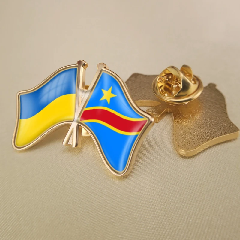 Congo Democratic Republic and Ukraine Crossed Double Friendship Flags Lapel Pins Brooch Badges