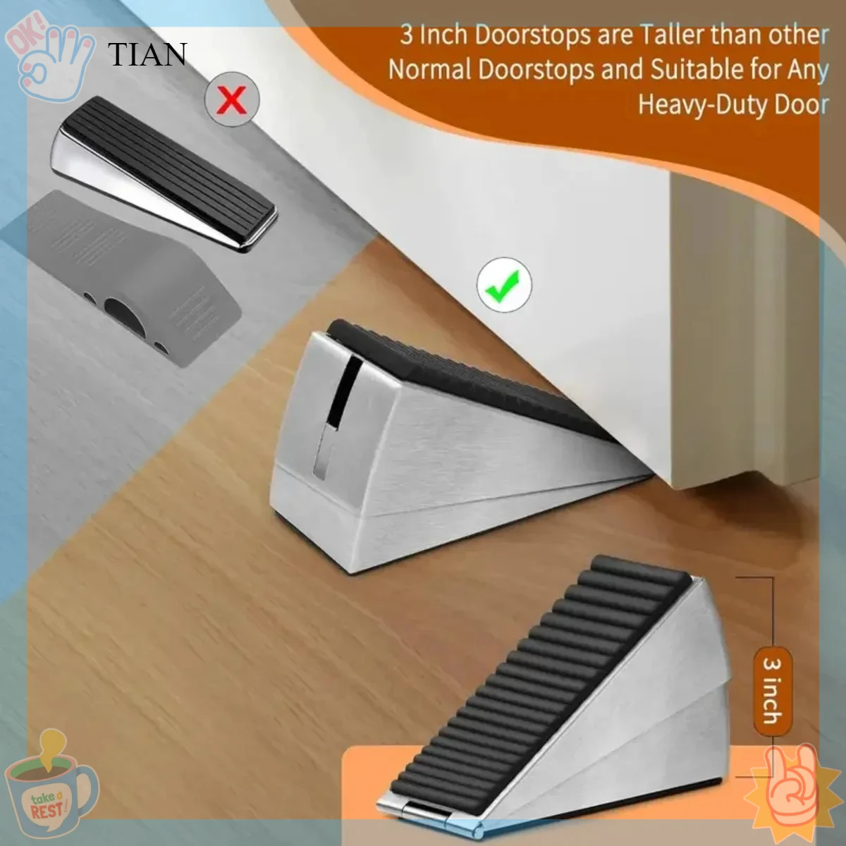 Stainless Steel Heavy Duty Door Stopper Non Slip Rubber Adjustable Spring Door Wedge for Bottom of Door Home Improvement Dodgers