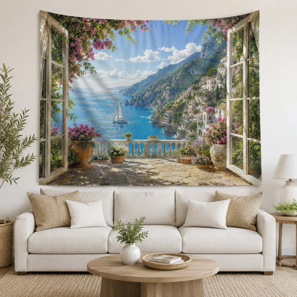 3D Window Amalfi Coastal Sea View Wall Tapestry Floral Village Landscape Wall Hanging Aesthetic Home Decor Housewarming Gift