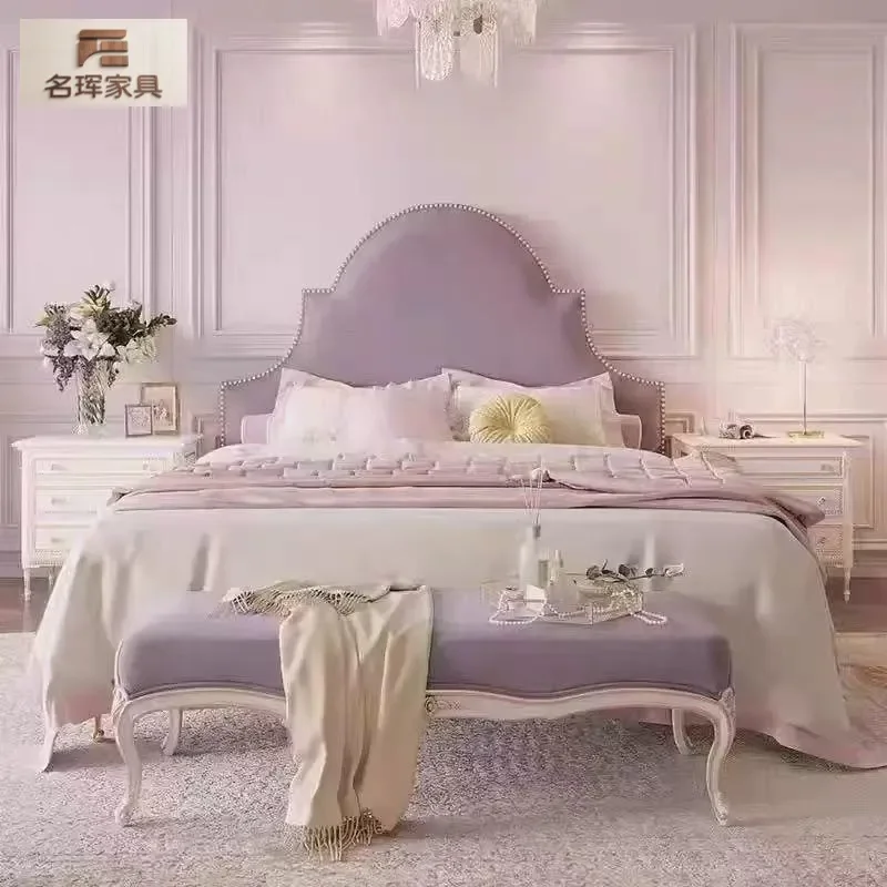 Modern Minimalist Cream Fabric Bed with Purple Upholstered Headboard Wooden Frame Double Bed for Master Bedroom Small