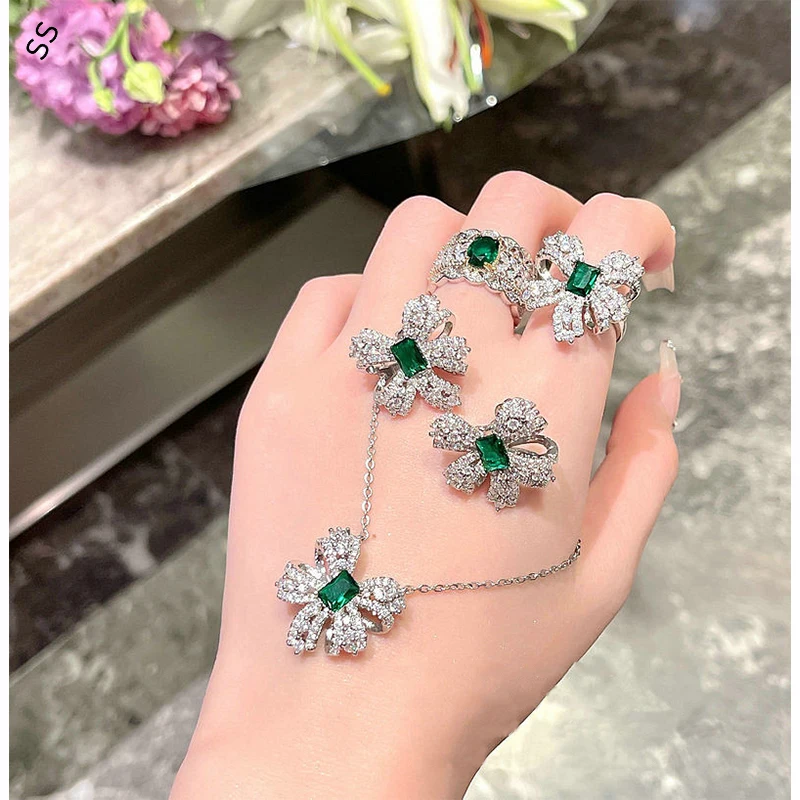 Bling Fashion Jewelry 3 Piece Sets Neckalce Earrings Open Ring Combined Colorful Gemstone White Zircon Silver Metal Chain Women