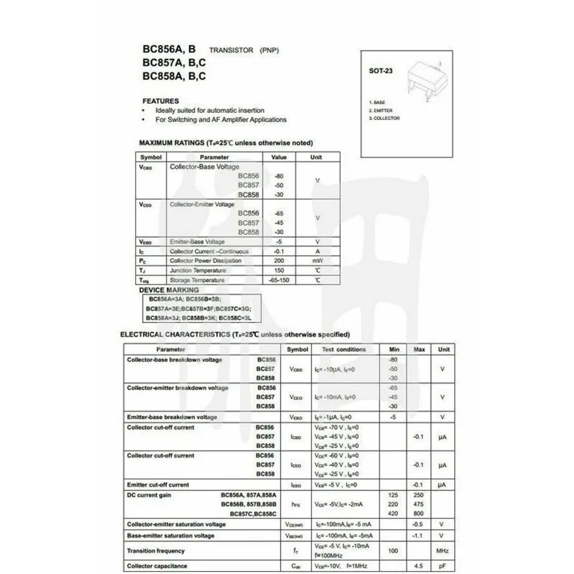 100PCS BC858C 3L PNP 0.1A 30V SOT-23 SMD Chip Transistor