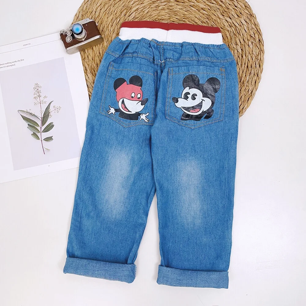 Spring and Autumn Children's Casual Clothes Cartoon Mickey Mouse Print Denim Pants Straight Tube Daily Wear