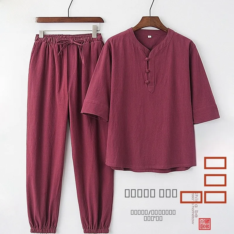 

Мужской комплект для медитации в стиле Дзен: хлопково-льняной костюм, летняя повседневная спортивная одежда, длинные брюки, футболка большого размера, буддийский халат