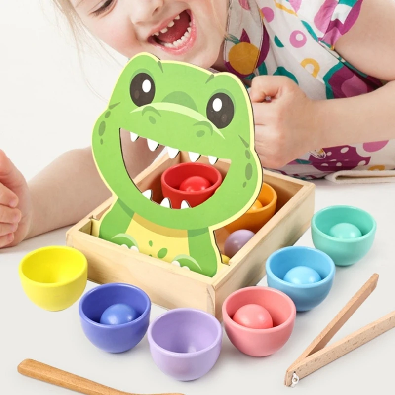 モンテッソーリ 赤ちゃん向け 色分けと積み重ね学習 木製 漫画風恐竜 カラフルな色分けボール