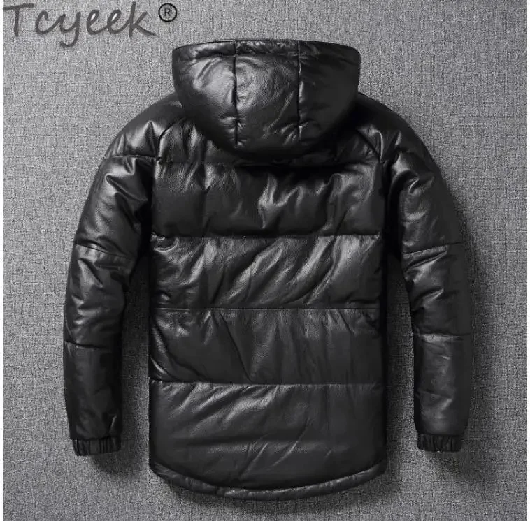 natural Tcyeek.Men's real cowhide jacket,Winter warm duck down coat.Thickened hooded leather cloth.Plus size