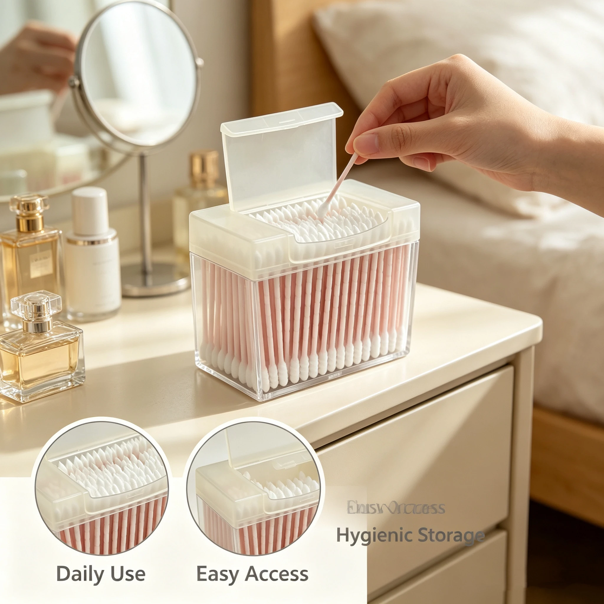 Flip-top storage box with double-ended cotton swabs, disposable cleaning cotton buds, 1 box containing 200 pieces