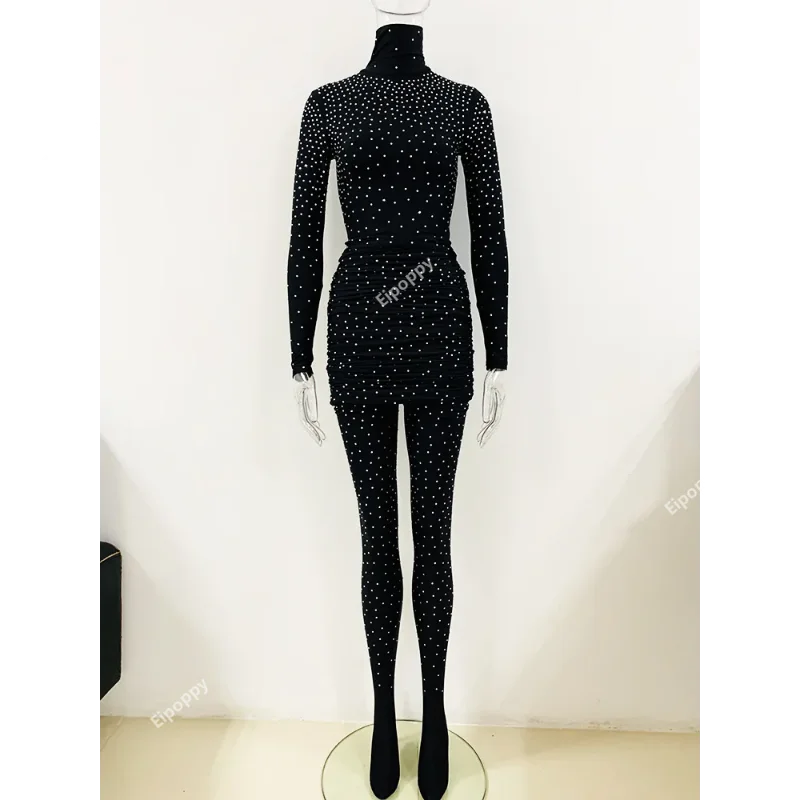 2024 Romper berlian imitasi legging aprikot hitam Bodysuit elastis ketat kaus kaki kompresi pinggang tinggi mulus Bodysuit stoking