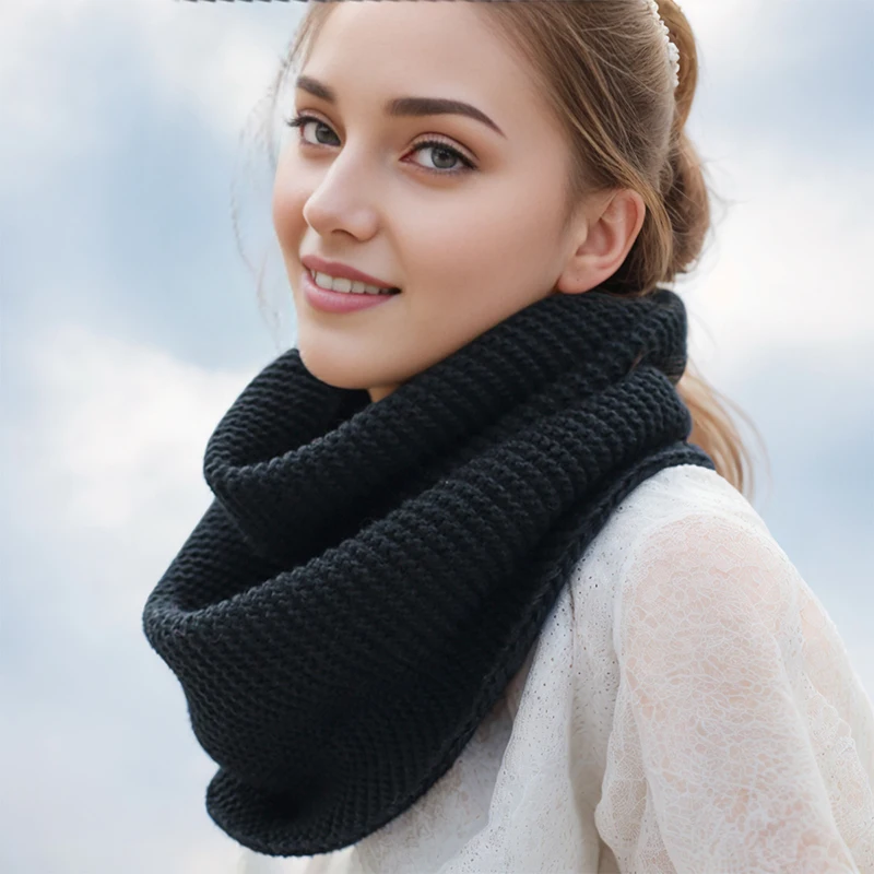 Women Winter Plain Knitted Cotton Scarf  Winter Circle Loop Scarf Vintage Thick Ring Scarves Autumn Winter Warmer Neck 47*27cm