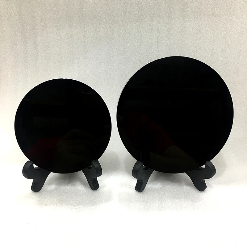 8-25cm Natural Black Obsidian Stone Scrying Mirror Round Plate Fengshui Mirror For Home Decoration Gift With Shelf