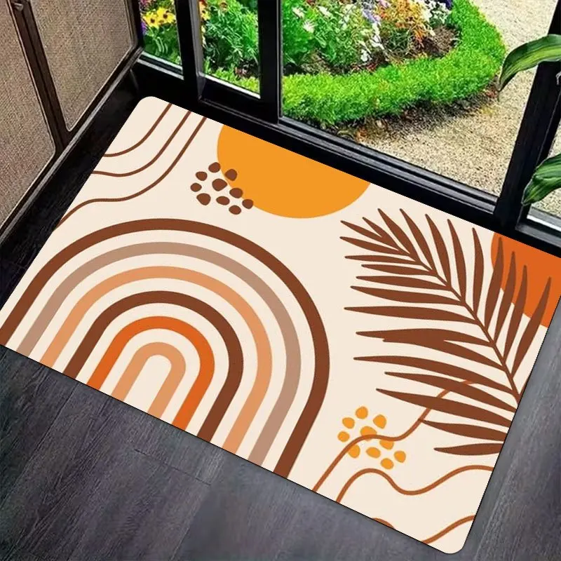 Boho Rainbow Leaf Doormat Earthy Tone Abstract Print For Entryway Hallway And Natural Inspired Home Decor