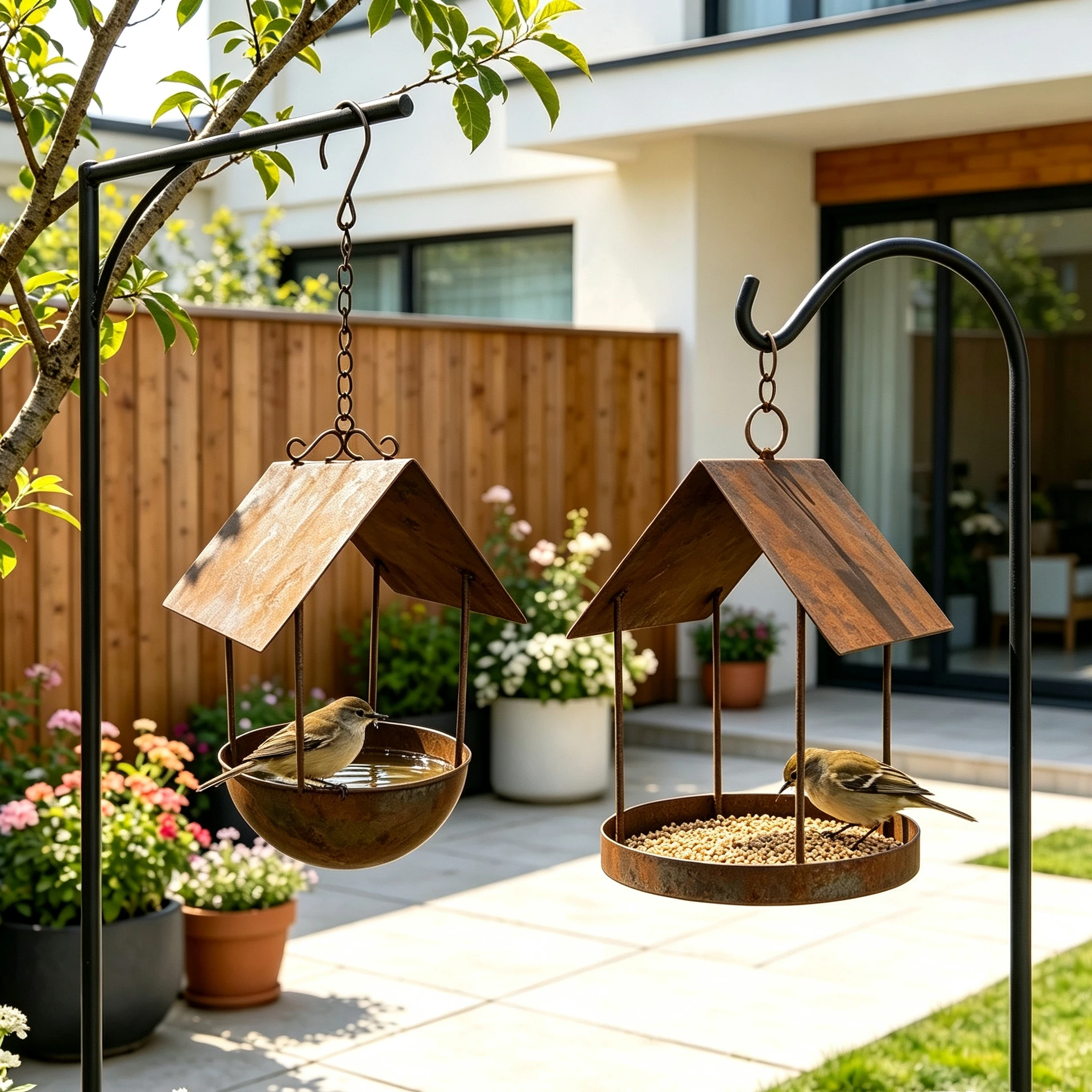 Rusty Iron Hanging Bird Feeder Hut Rainproof Bird Water Bowl Seed Tray Container Outdoor Garden Yard Porch Decor Bird House