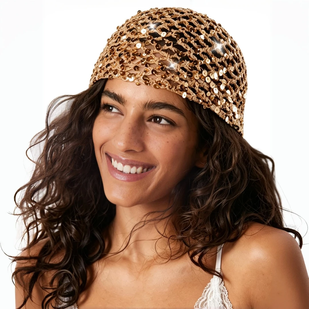 Sequin Crochet Hat Y2K Boho Handmade Knit Beanie Hollow Out Sequin Skull Caps for All Seasons Nightclubs Parties Music Festivals