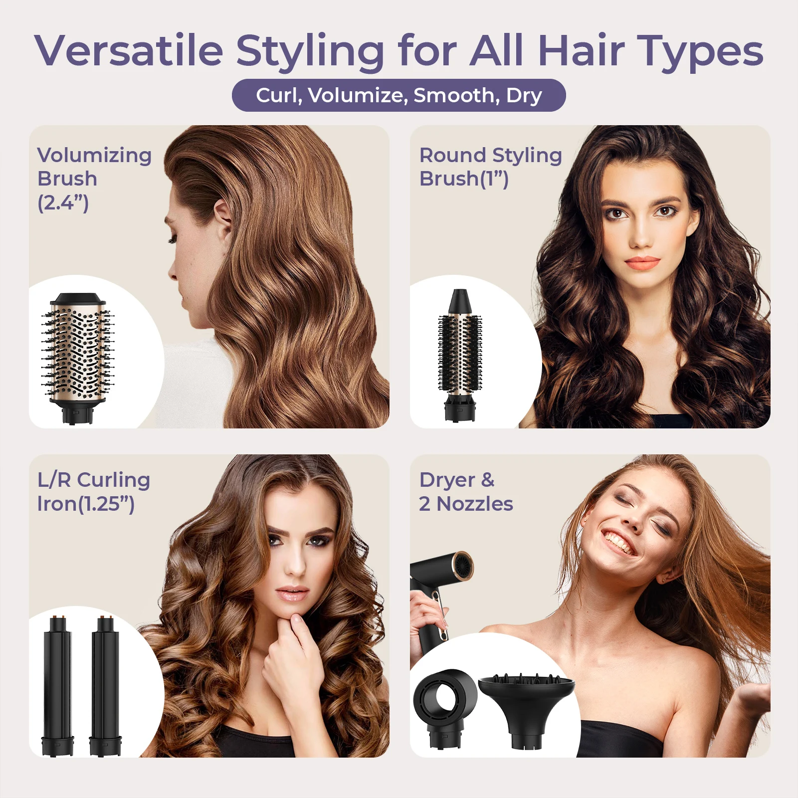 หวีลมร้อนมัลติฟังก์ชั่น 6-in-1, หัวแปรงแบบเปลี่ยนได้, แปรงเครื่องเป่าผมไอออนลบ/หวีจัดแต่งทรงผมพร้อมแปรงไฟฟ้าอนินทรีย์ 110,000 ความเร็วสูง, หวีแห้งเร็วแบบไม่ชี้ฟู, หวีจัดแต่งทรงผมแบบมืออาชีพ/หวีดัดผม/เหล็กดัดผม/เตารีดยืดผม/เหล็กดัดผม/ดัดผมตรงพร้อมความเร็ว 110,000 แรง