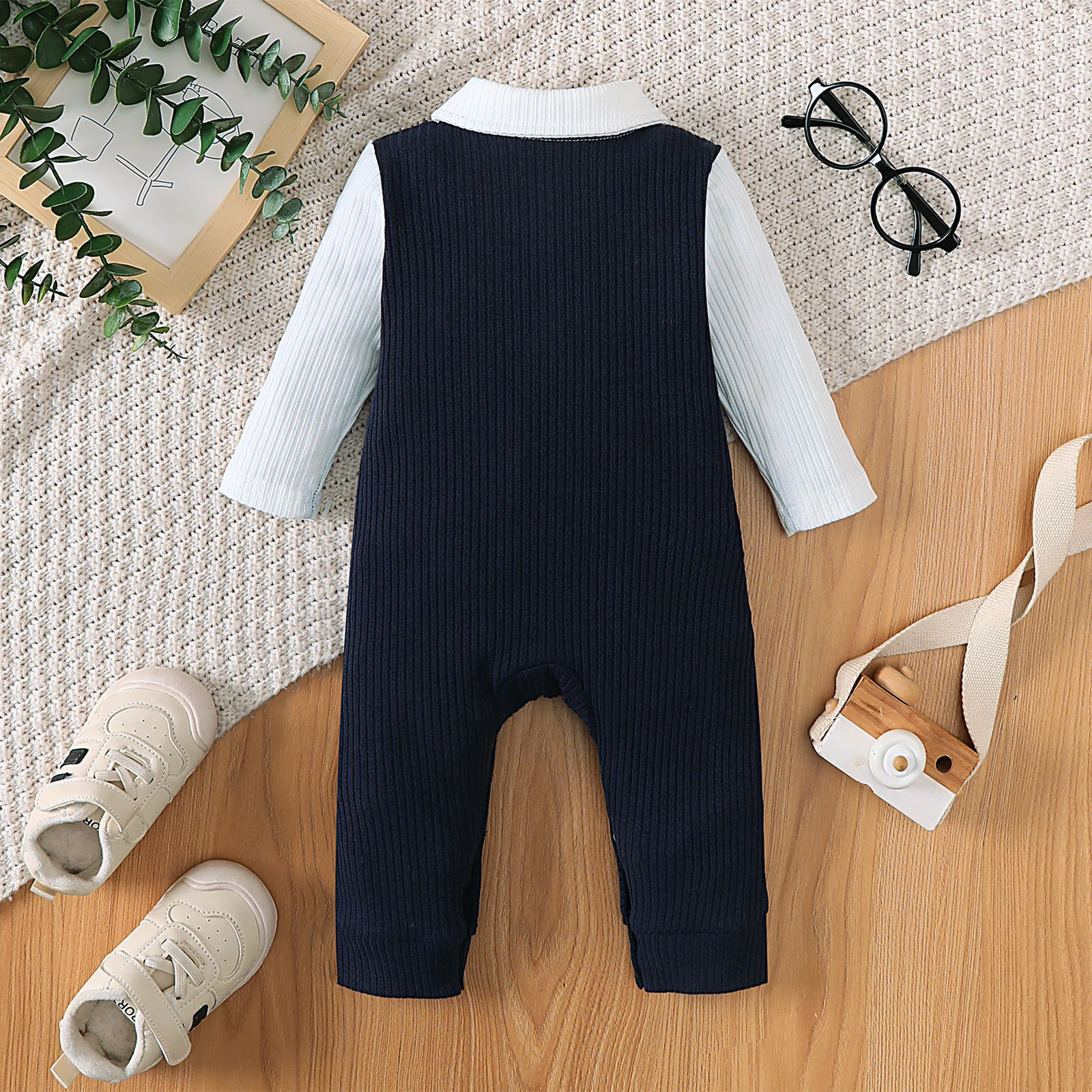 Baby Boy Jumpsuit Lapel Collar Bow Color Blocking Jumpsuit Suitable 0-18 Months Toddler Baby Boy Daily Small Gentlemen Jumpsuit