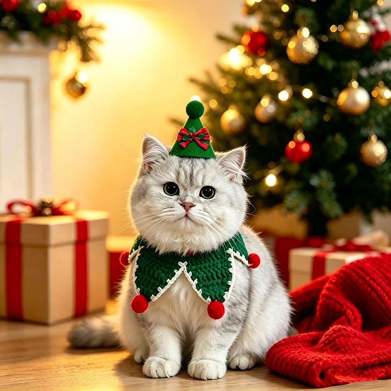 Weihnachtliches Strick-Speicheltuch mit Glocke, Haustier-Schleifenlätzchen, Halsband-Schal, kariertes Schleifenanhänger-Accessoire für Hunde- und Katzenhalsbänder, Pflegezubehör – Detail 2