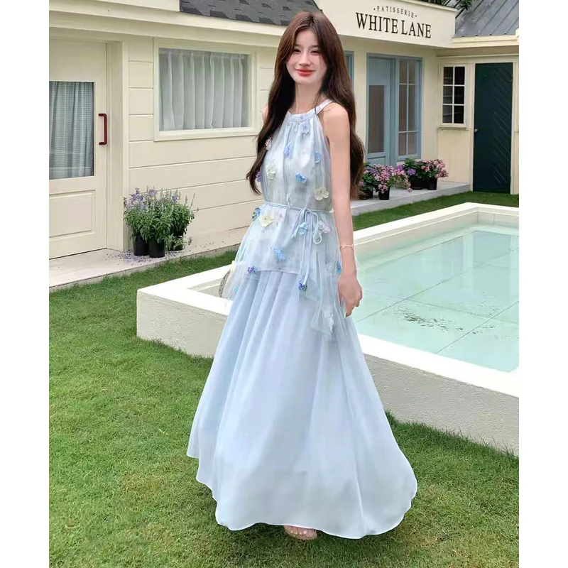 

Women Sets 2026 Summer New Fashion 3D Flower Hanging Neck Top + Sweet Dress Fairy Skirts Two Pieces Set