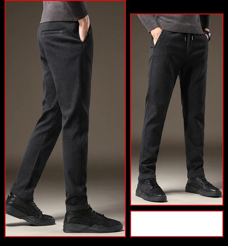 Hochwertige Herren-Herbst-Winter-Hose, Business-Stretch, Dick, Slim Fit, Arbeitshose mit Elastischem Bund, Gebürstet, Schwarz, Grau, Casual-Hose für Männer – Detail 8