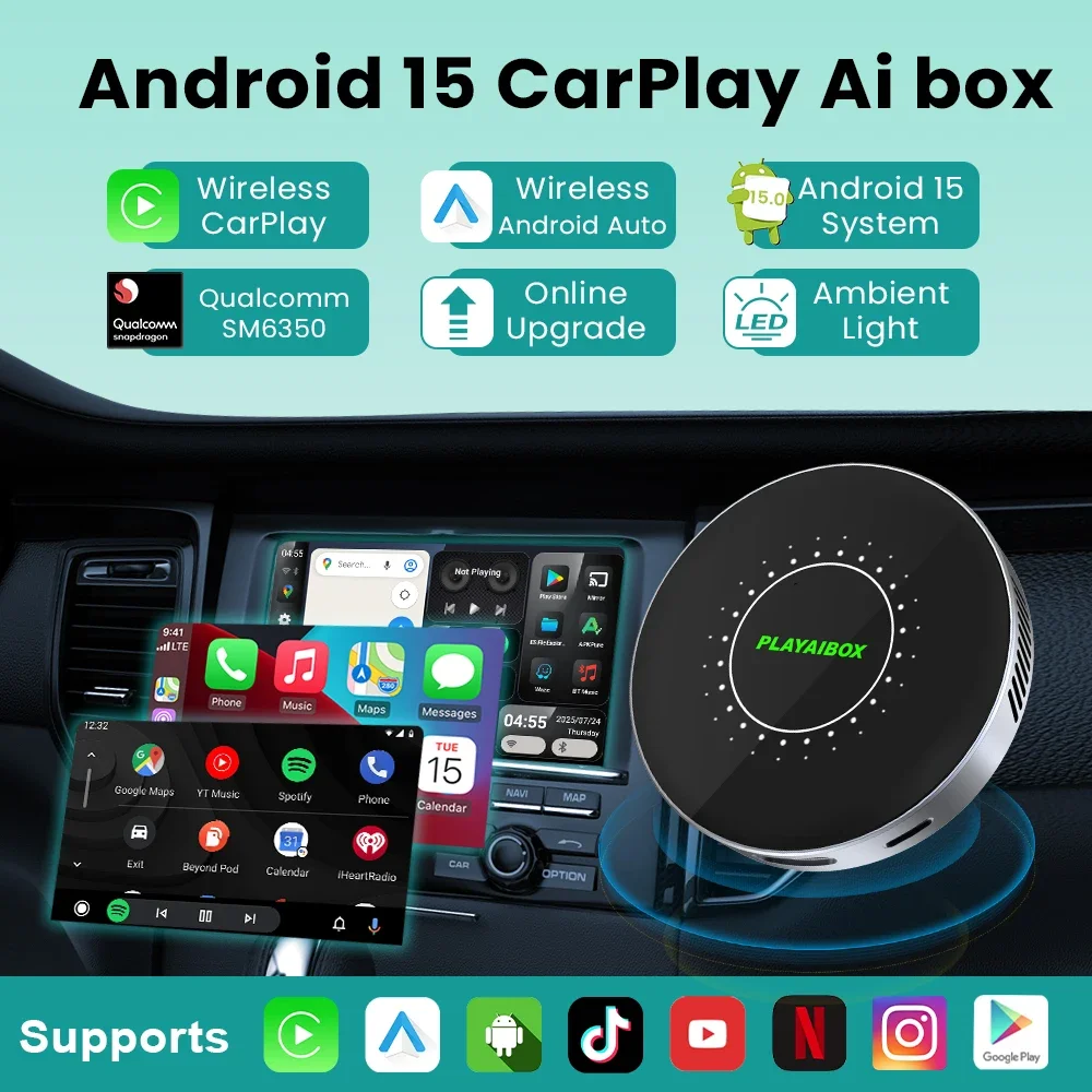 Android 15 Wireless CarPlay Android Auto Dongle SM6350 8+128GB 5G Netword يدعم Youtube/Netflix TF/SIM بطاقة للسيارات السلكية بنسبة 98%
