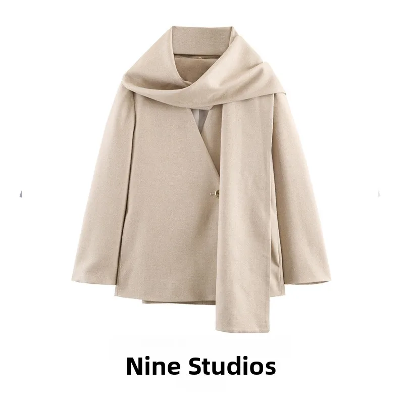 

NINE ZAR Women's Loose One-Button Long Sleeve Scarf Collar Jacket Coat Polyester Fiber Spring Season Regular Length Button Cl...