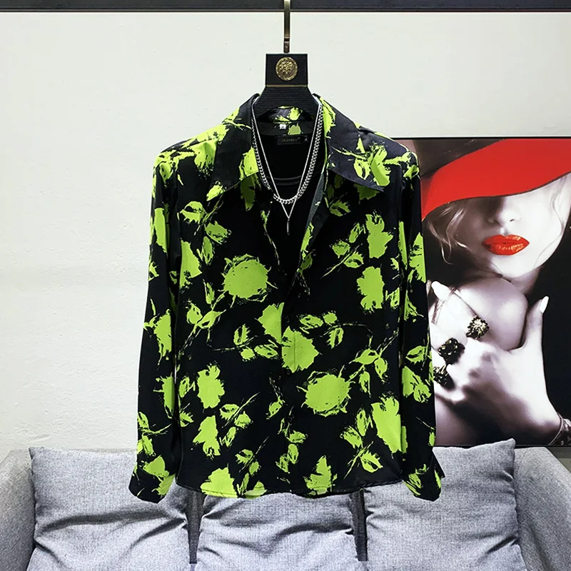 

Spring Summer Men's Long Sleeve Shirt Shoulder Pads Loose Drapey Style Luxury Trendy Vintage Floral Print No Ironing Required