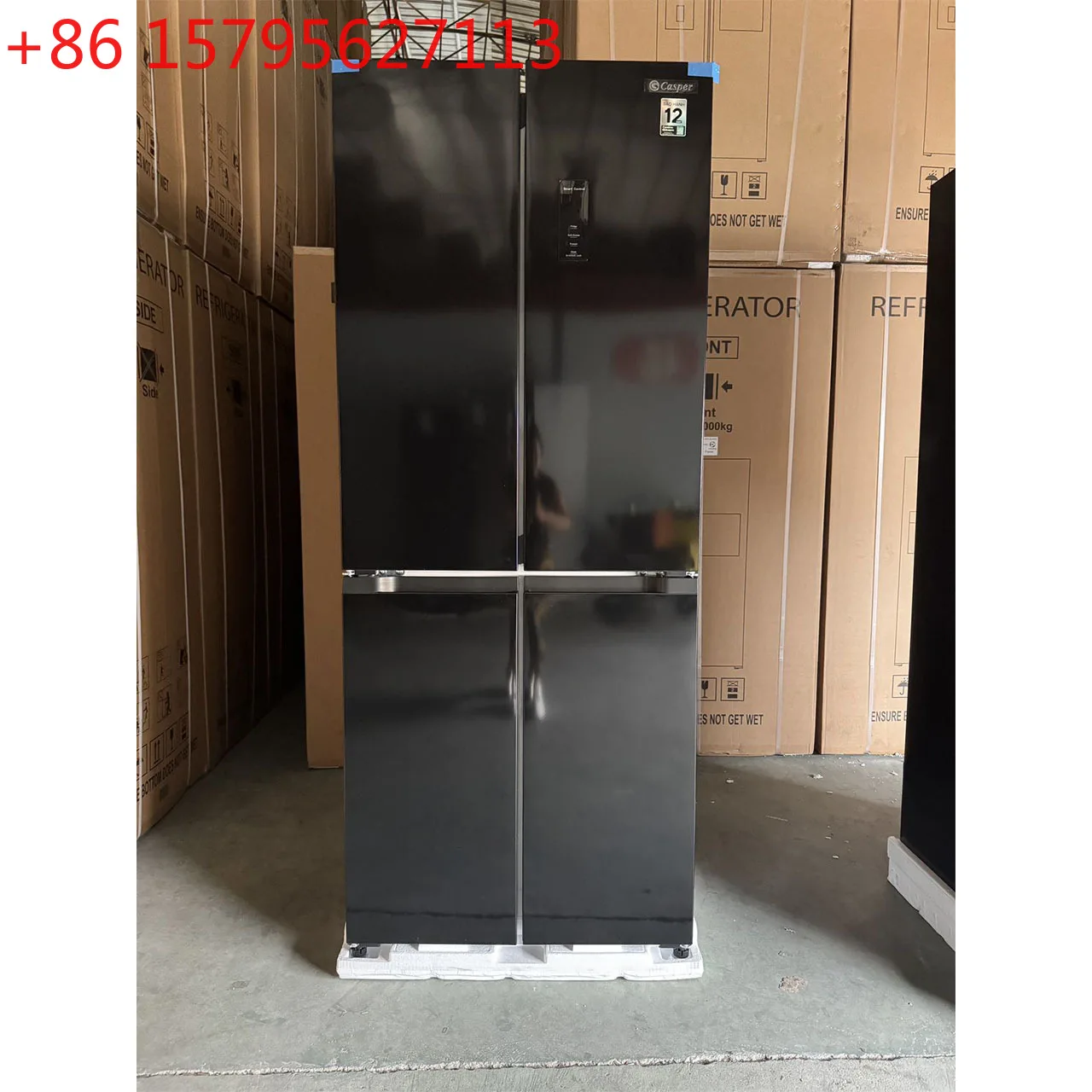 High-gloss black French four-door refrigerator with display screen for home use, large-capacity air-cooled and frost-free