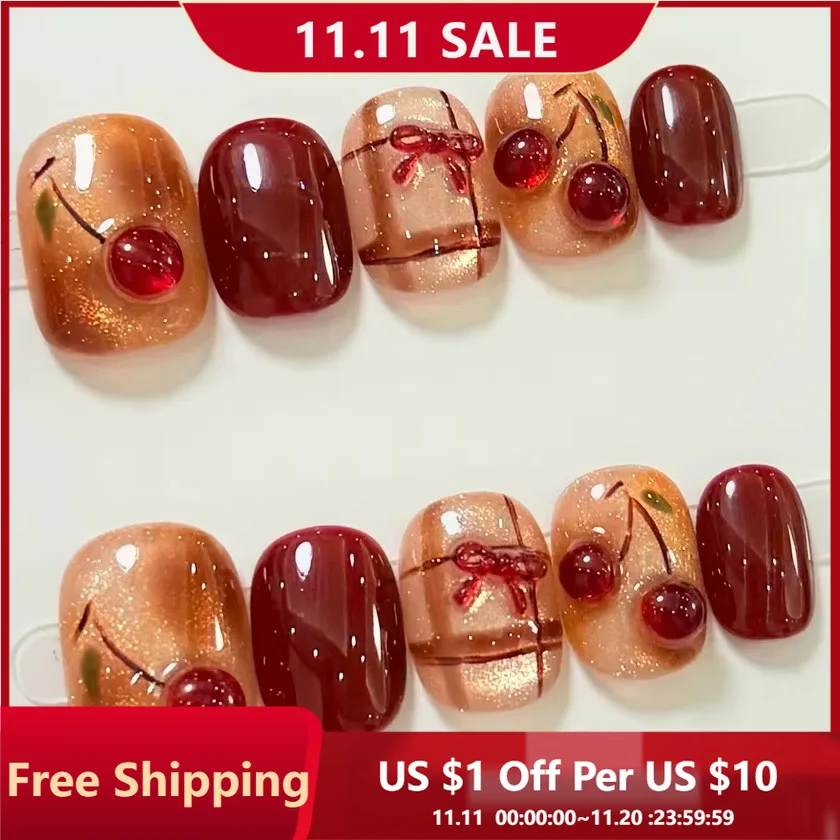 

10pcs Handmade Press on Nails Amber Smudged 3D Cherry Cat's Eye Full Coverage Nail for Women&Girl Removable Wearable Fake Nail