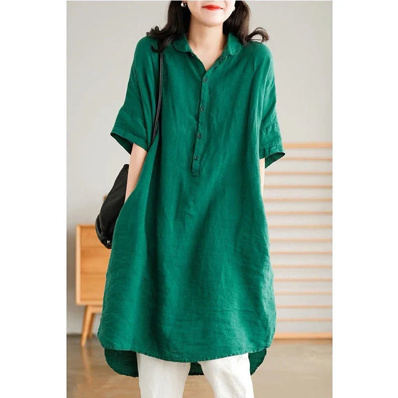 

Women Vintage Japanese Streetwear Cotton Linen Shirt Dresses Summer Trendy Asymmetrical Short Sleeve Oversized Midi Dress Z424