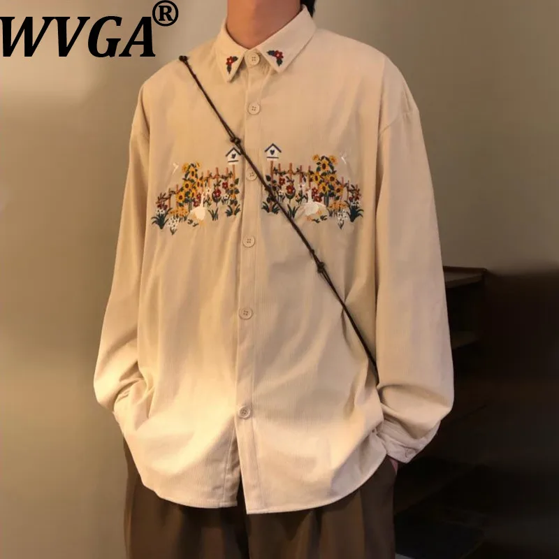 

WVGA Мужская весенне-осенняя новая американская рубашка с длинными рукавами и цветочной вышивкой в стиле ретро, шикарная нишевая повседневная рубашка с отложным воротником, топы W18219