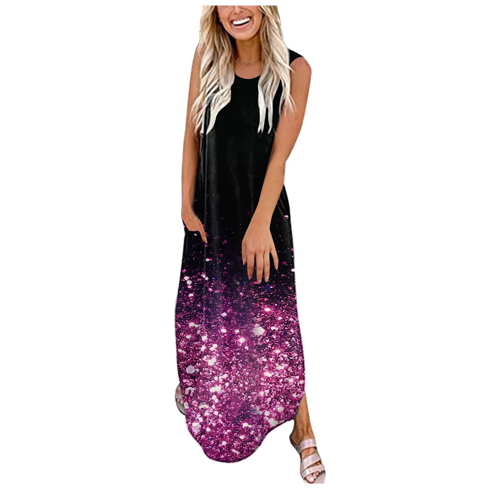 

Women's Casual Loose Dress Round Neck Sleeveless Hem Split Maxi Dresses Summer Printing Beach Ladies Long Skirts With Pockets