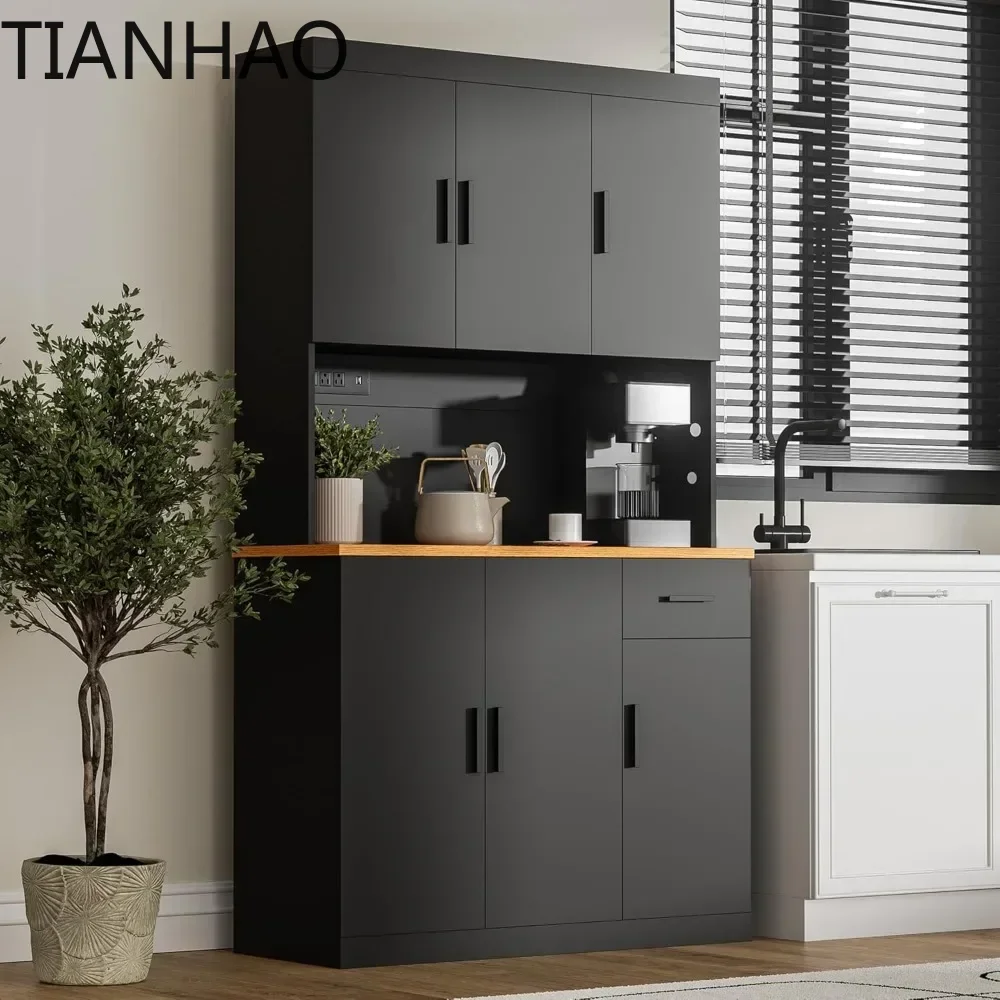 Nordic Black Kitchen Pantry Cabinet, Storage with Power Outlet, Freestanding Hutch with countertop