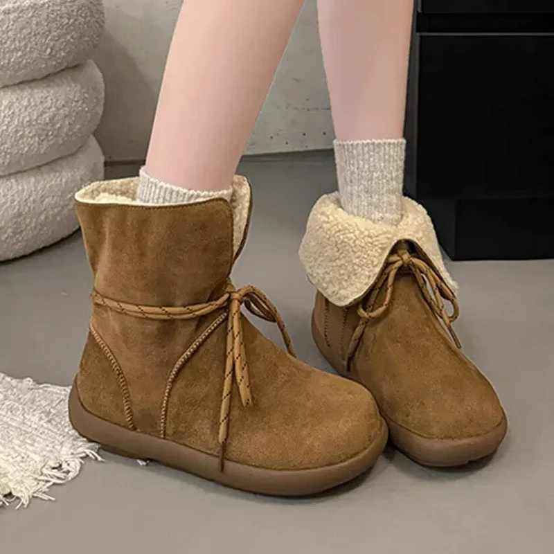 الفراء المرأة أحذية الثلوج الشقق الجلد المدبوغ أحذية دافئة 2025 موضة جديدة أحذية قطنية ماركة الراحة الشتاء قصيرة أفخم الرياضة Mujer بوتاس #3