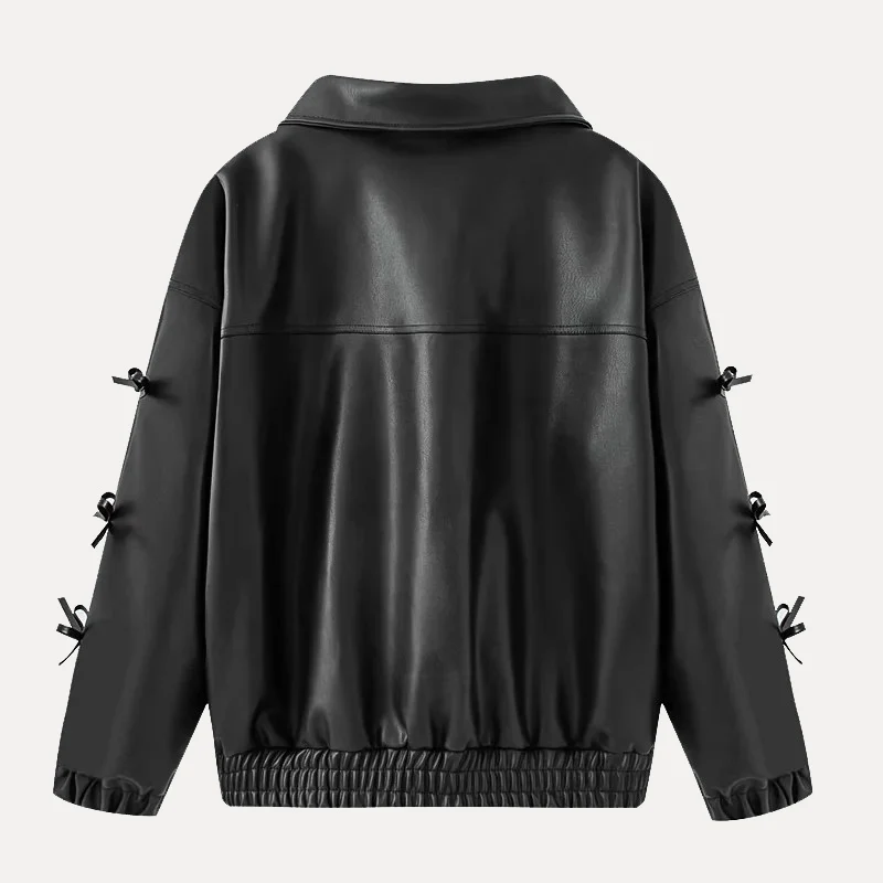 เสื้อแจ็คเก็ตหนัง PU ทรงยาว รุ่นแฟชั่นสตรี สไตล์สตรีท ประดับโบว์ ดีไซน์ทันสมัย ไม่ซ้ำใคร สำหรับฤดูใบไม้ผลิ ปี 2025