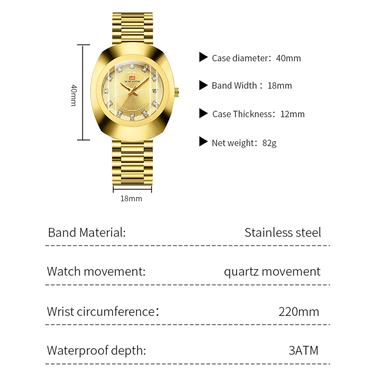 VA VA VOOM Gold Mens Watch Fashion Elliptical Stainless Steel Luxury Water Diamond Business Style Original Quartz Movement Watch