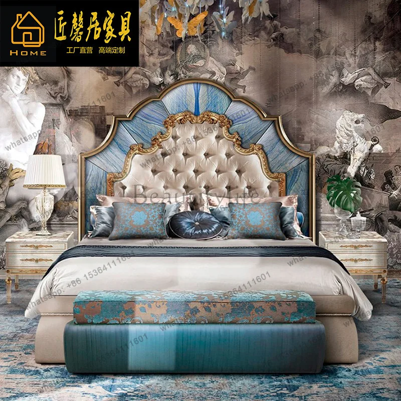 yj9 European mahogany carved shell parquet French master bedroom wedding bed princess villa bed