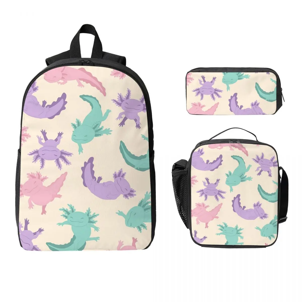 

Axolotls Backpack Student Boys Girls BookBag School Bag Laptop Shoulder Bags 3ps Insulated Lunch Bag Pencil Case