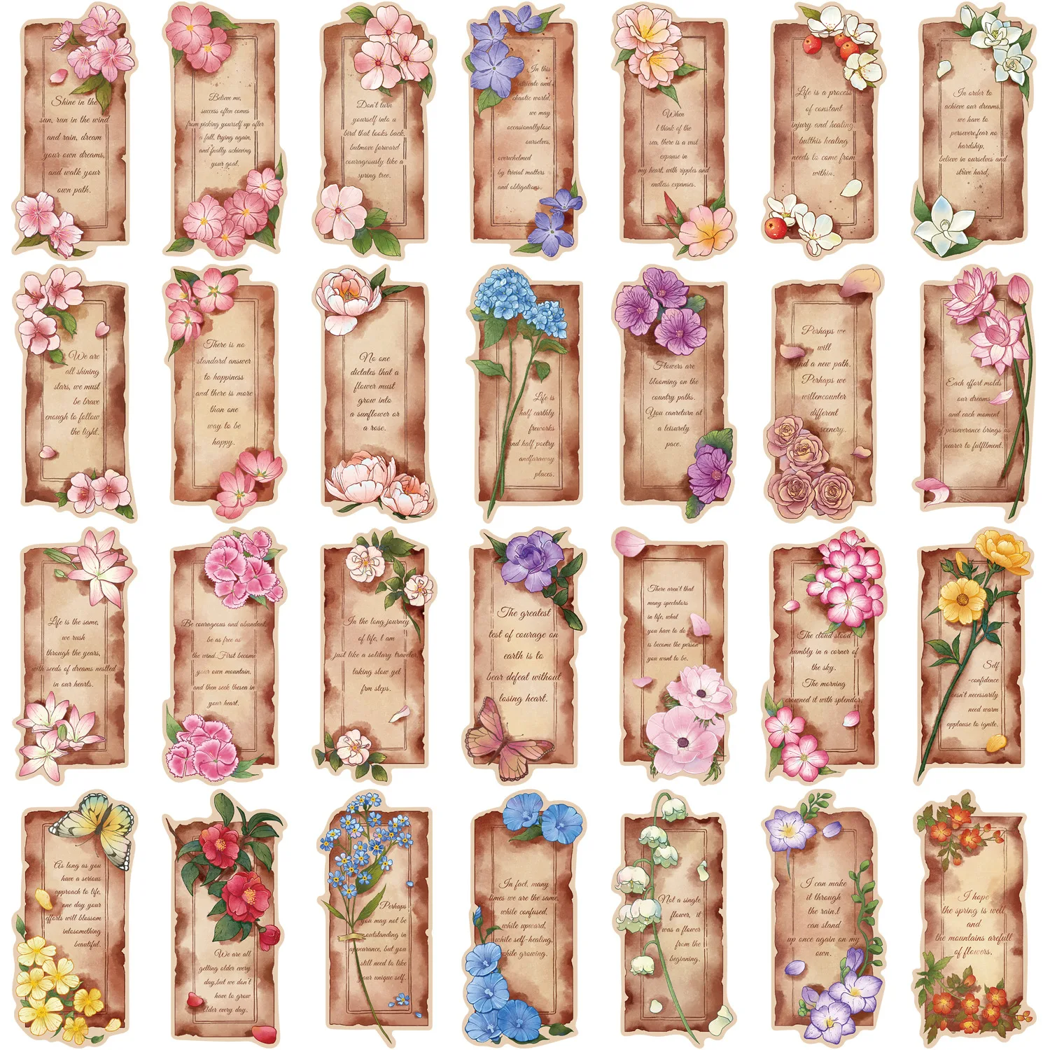 Lot de 30 marque-pages vintage floraux en papier avec citations poétiques, esthétiques, cadeau pour les amateurs de livres et les lecteurs