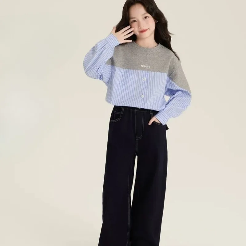 2026 Autumn Girls Striped Color Block Pullover Sweatshirt Fashion Half Long Sleeve Tops Kids Casual Clothing