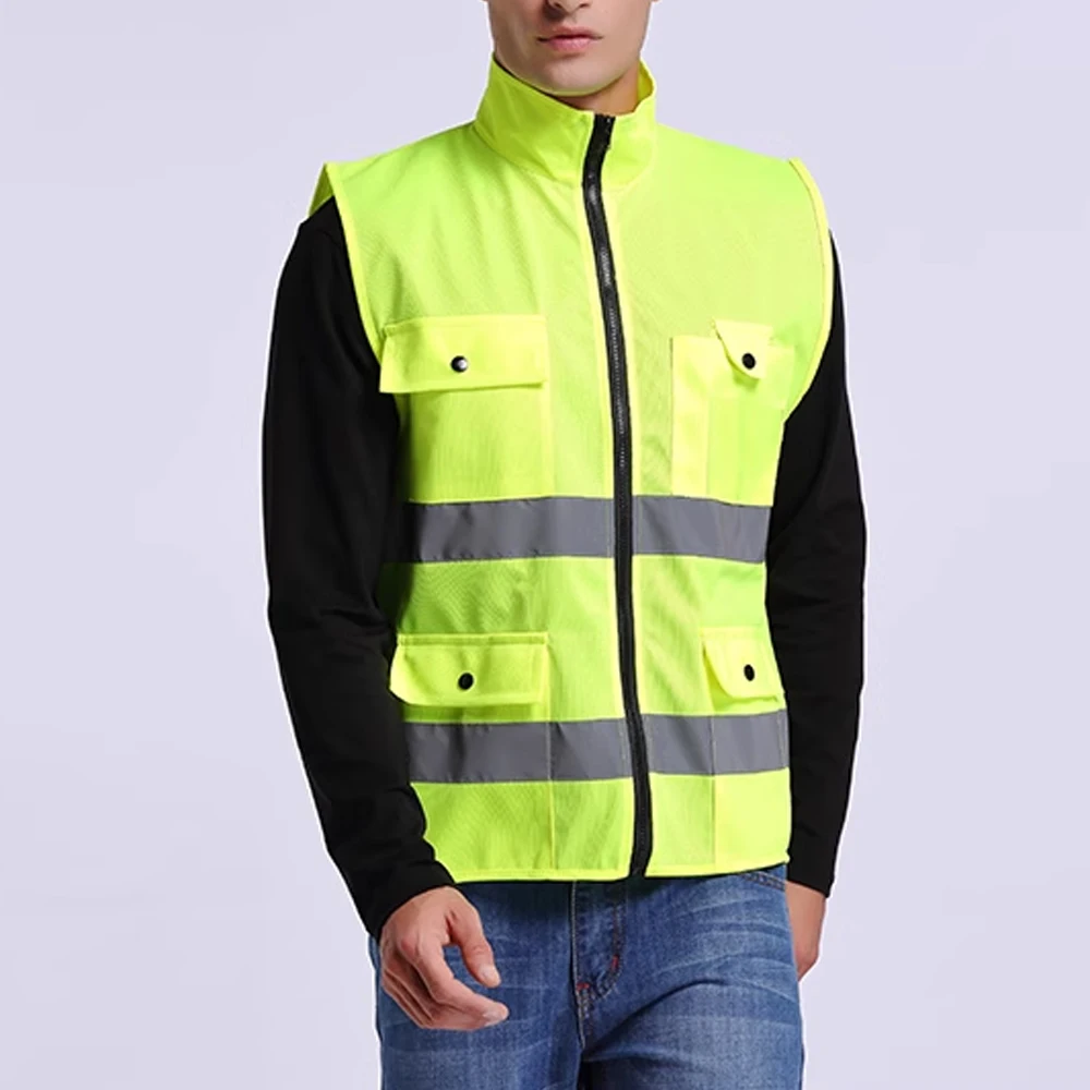 Hi Vis-chaleco reflectante con múltiples bolsillos para hombre, ropa de trabajo, cuello alto, chaqueta de seguridad para ciclismo y motocicleta