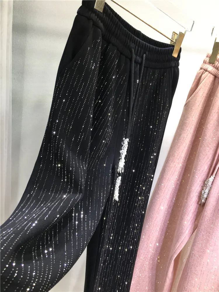 Dikker fleece rechte broek dames nieuwe herfst winter trekkoord elastische taille blingbling hot diamanten wijde pijpen casual broek