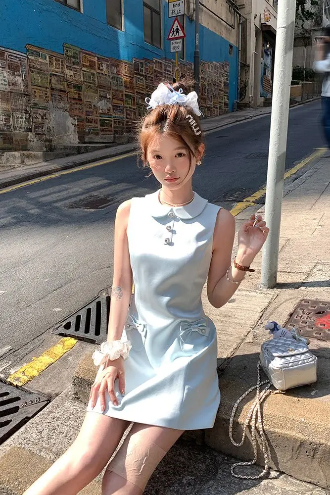 

Royal Blue Satin Vest Dress Women French Elegance Sleeveless Doll Collar Waist-Defining Mini Dress Summer Luxury Instagram Chic