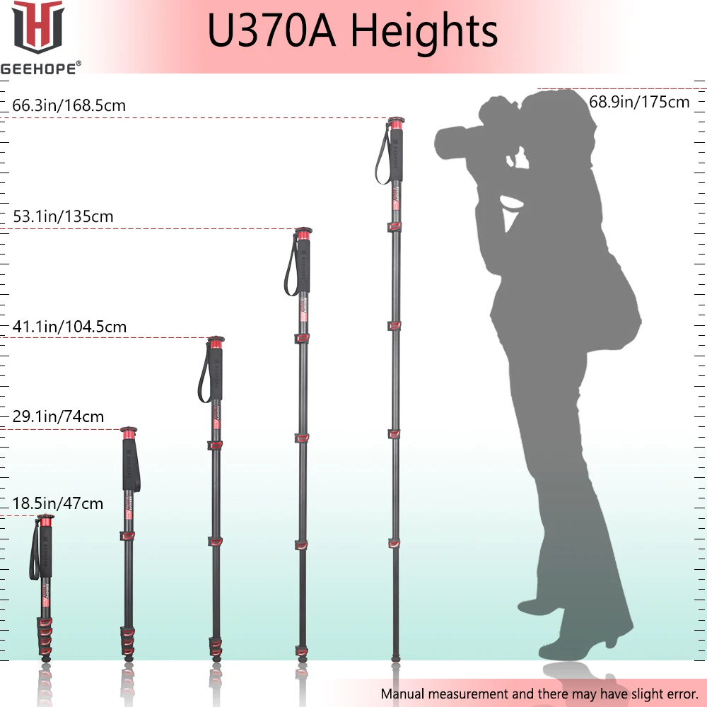 GEEHOPE U270A/U370A cámara monopié aleación de aluminio pierna de 5 secciones soporte de vídeo profesional para Canon Nikon GoPro DSLR videocámara