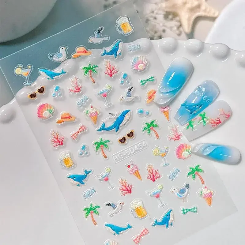 Urocze naklejki na paznokcie w stylu oceanicznym 5D, samoprzylepne ozdoby do paznokci z delfinami, naklejki do manicure, akcesoria.